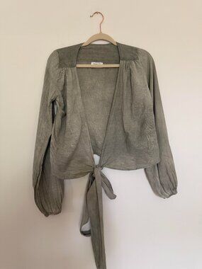 Swahili Coast Tie Front Crop Top 100% Linen Lagenlook Boho Chic Green - Medium